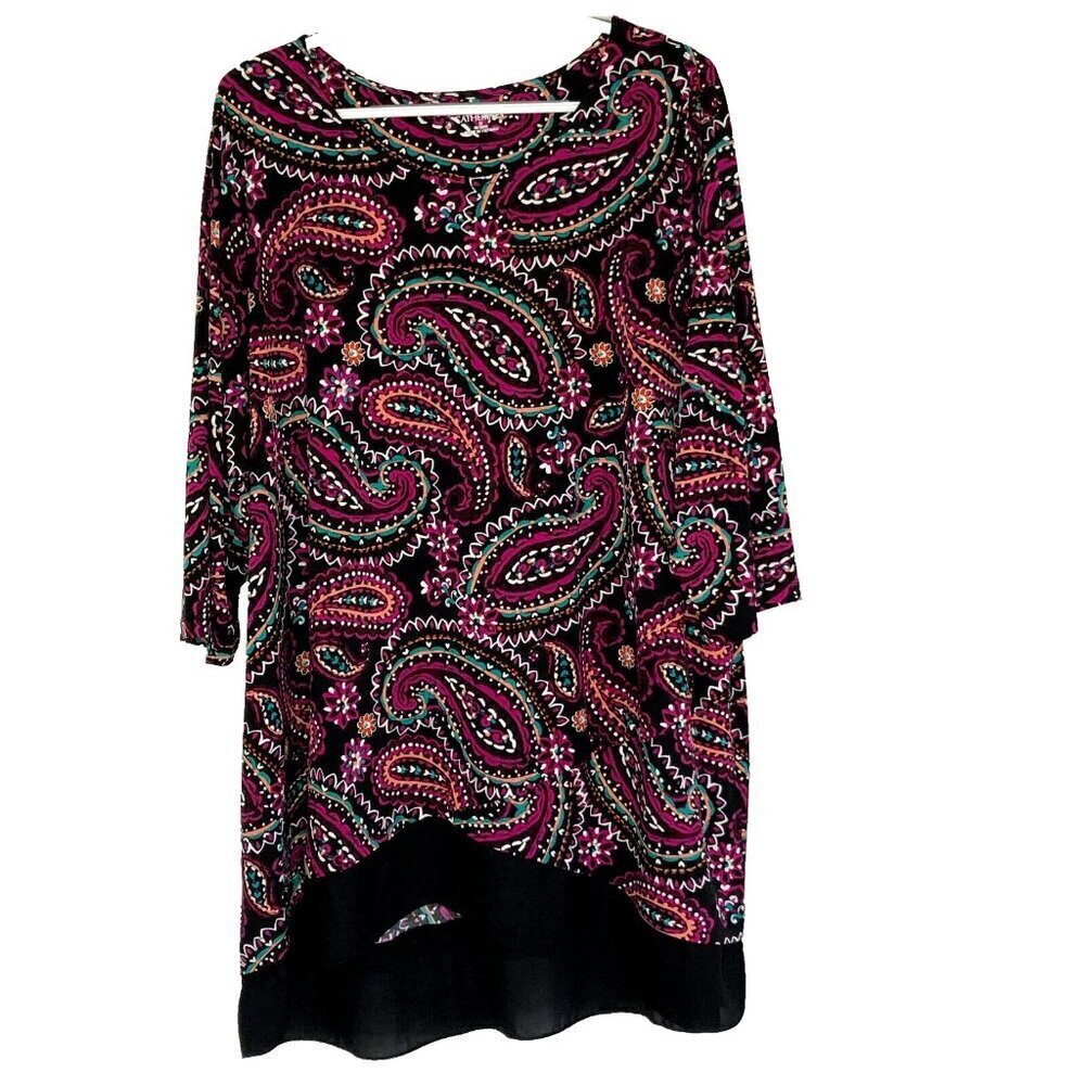 Catherines Top Tunic 1X Scoop Neck 3/4 Sleeve Hi-Lo Hem Paisely Boho